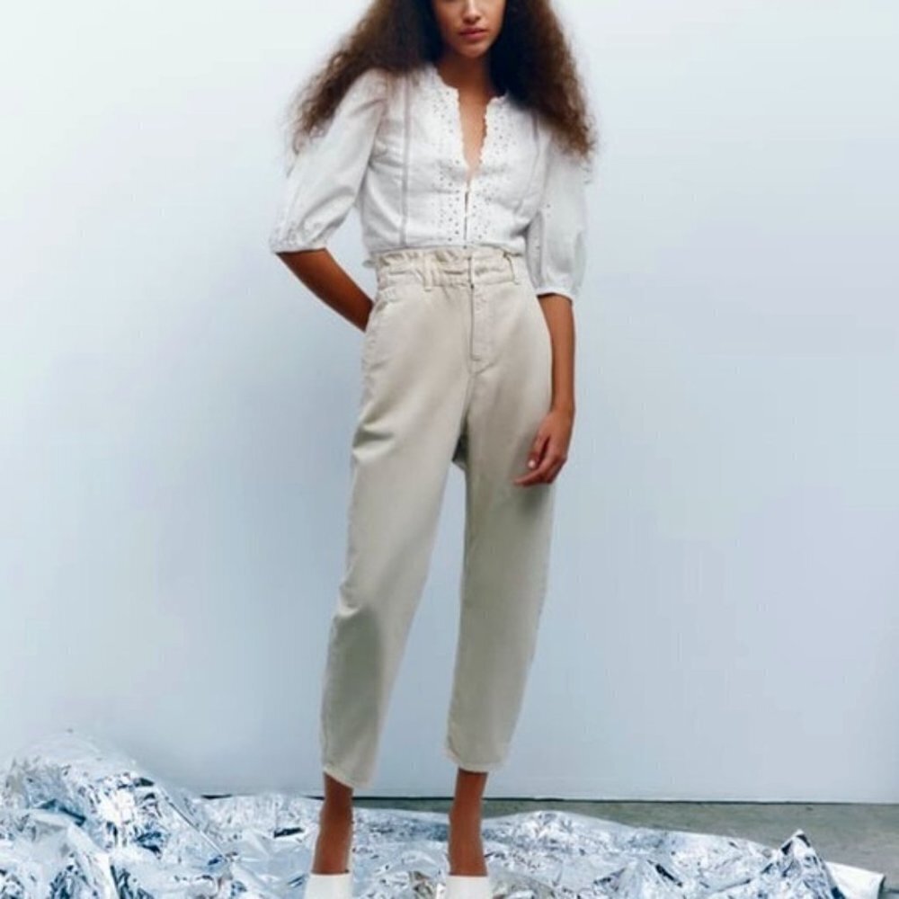 Zara Grey Paper-bag Baggy / Slouchy High Elastic Waist Jeans Size S